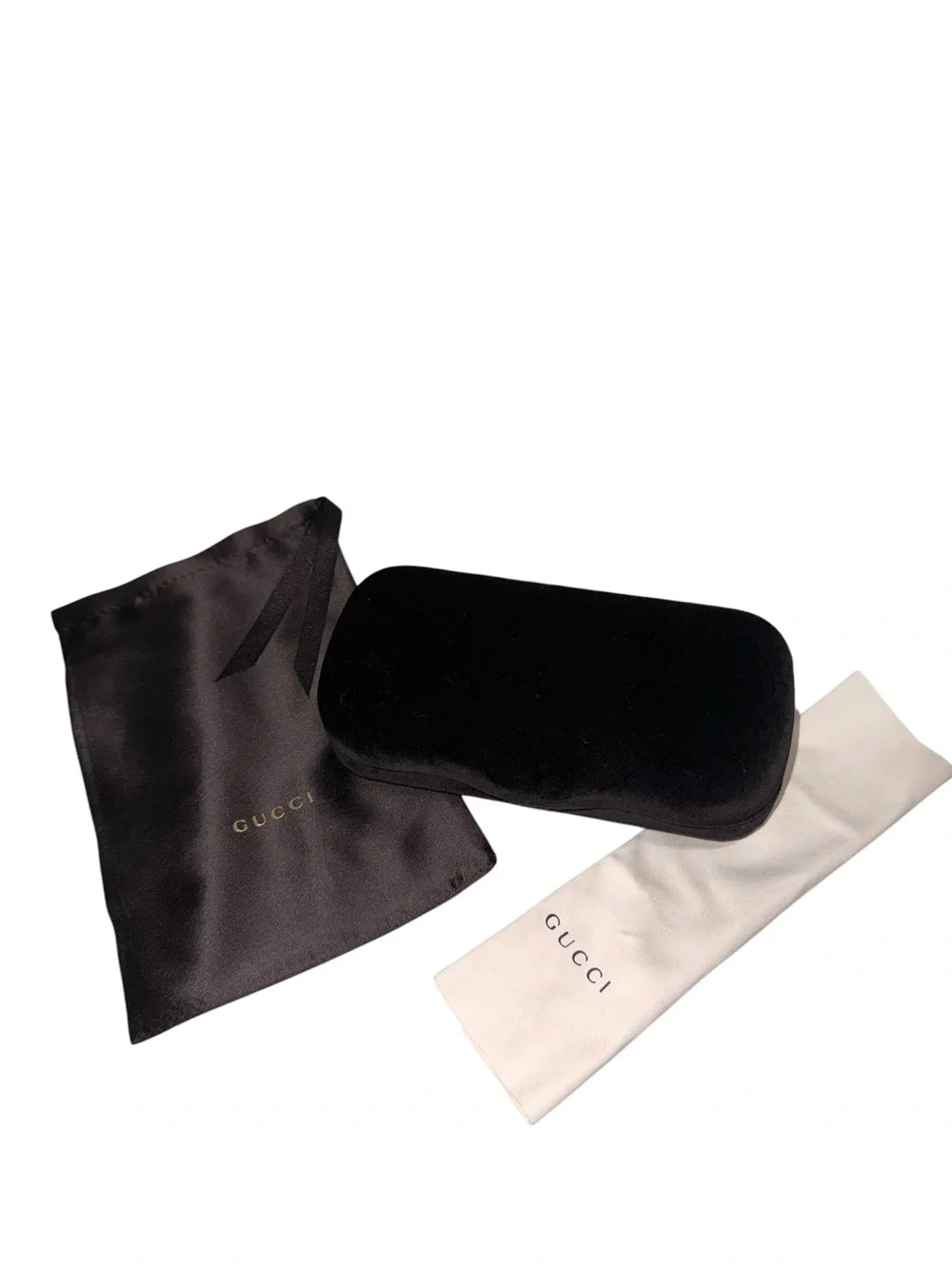 Gucci Black Velvet Eyewear Case with Gold Logo, Dust Pouch, Gucci Cleaning Cloth